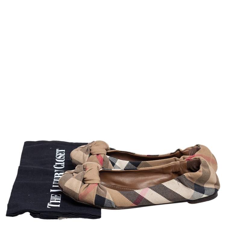 Pre Owned Burberry Beige Nova Check Canvas Knotted Ballet Flats Size 37