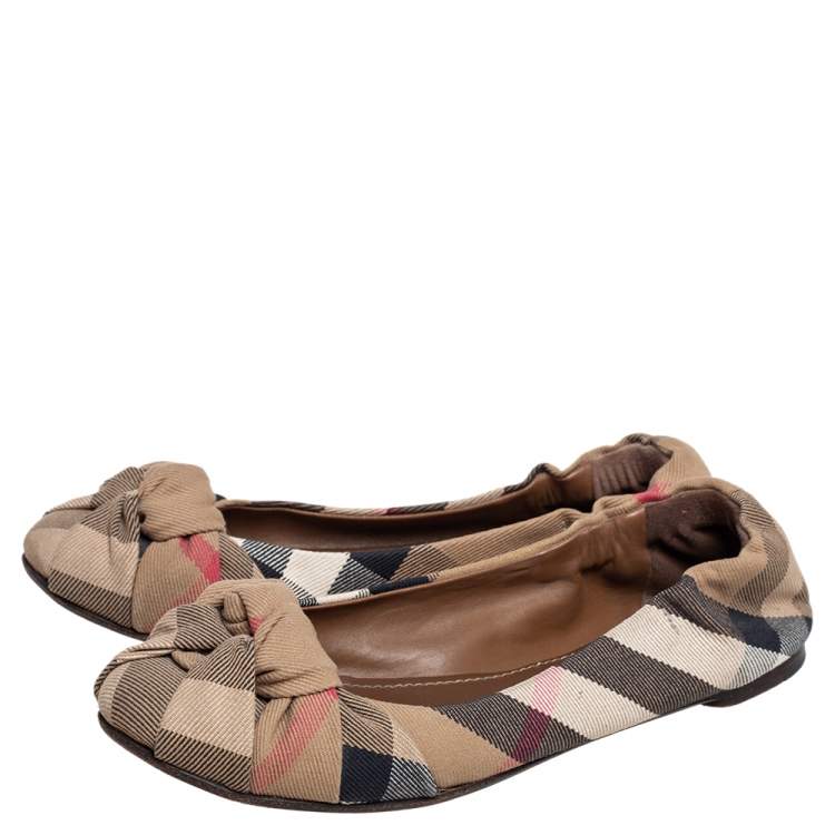 Pre Owned Burberry Beige Nova Check Canvas Knotted Ballet Flats Size 37