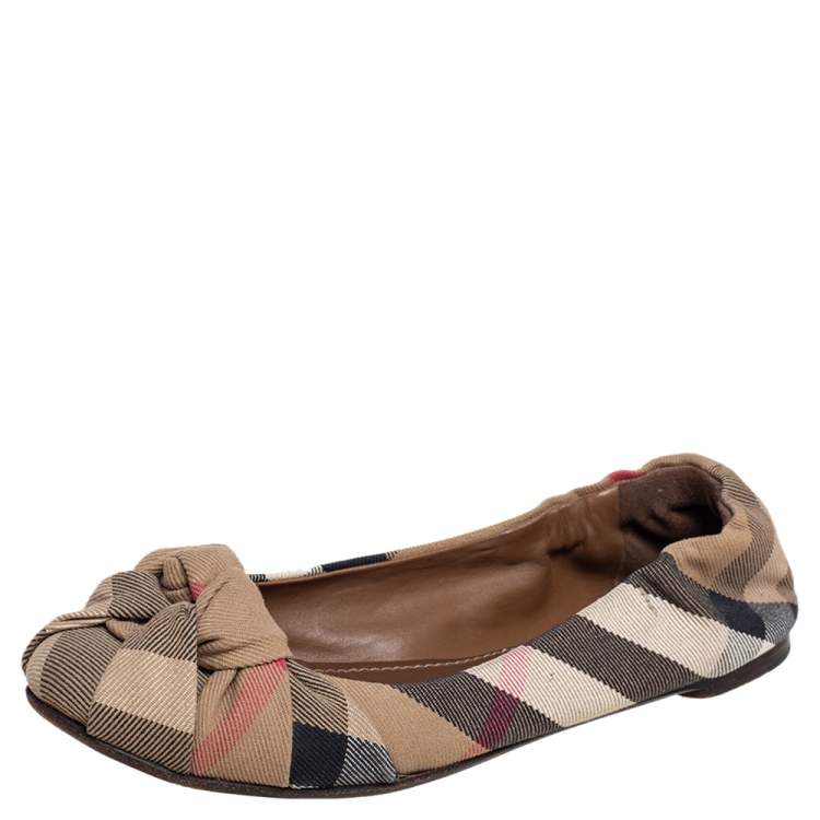 Pre Owned Burberry Beige Nova Check Canvas Knotted Ballet Flats Size 37