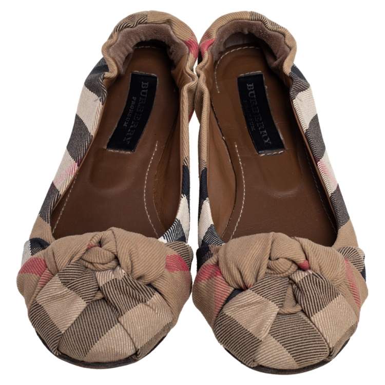 Pre Owned Burberry Beige Nova Check Canvas Knotted Ballet Flats Size 37
