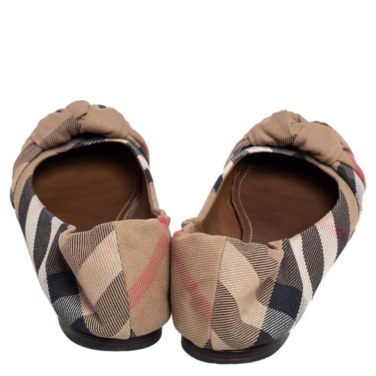 Pre Owned Burberry Beige Nova Check Canvas Knotted Ballet Flats Size 37