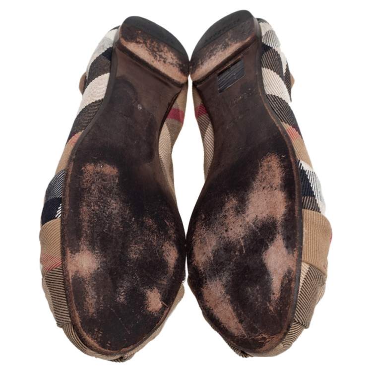 Pre Owned Burberry Beige Nova Check Canvas Knotted Ballet Flats Size 37