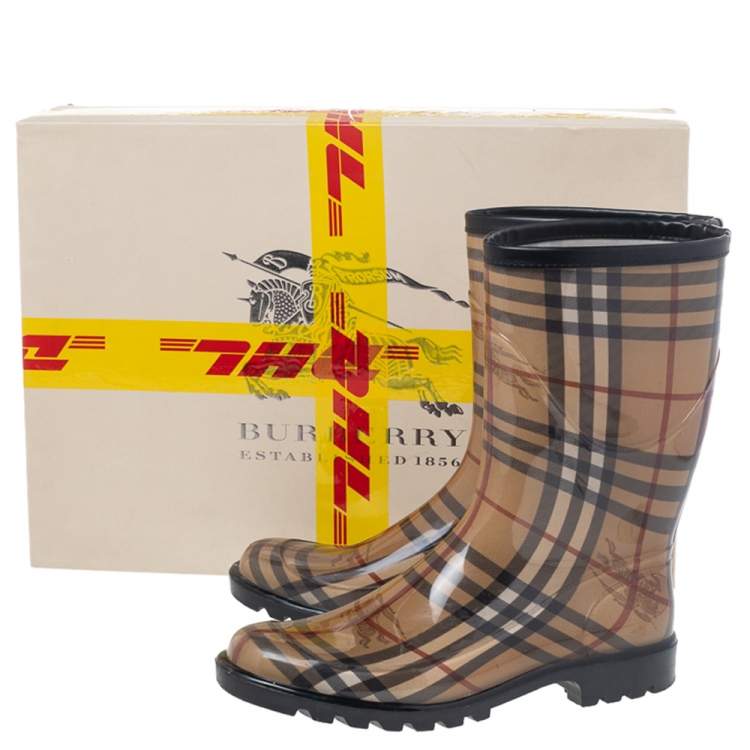 Pre Owned Burberry Beige Haymarket Check PVC Rain Boots Size 40