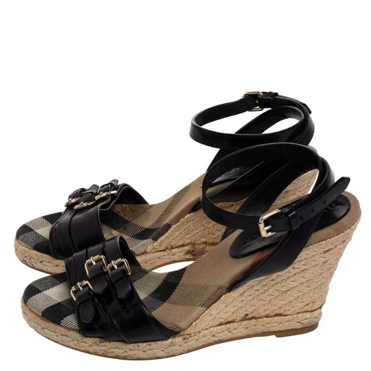 Pre Owned Burberry Black Leather Espadrille Wedge Sandals Size 36
