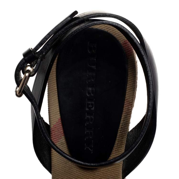 Pre Owned Burberry Black Leather Espadrille Wedge Sandals Size 36