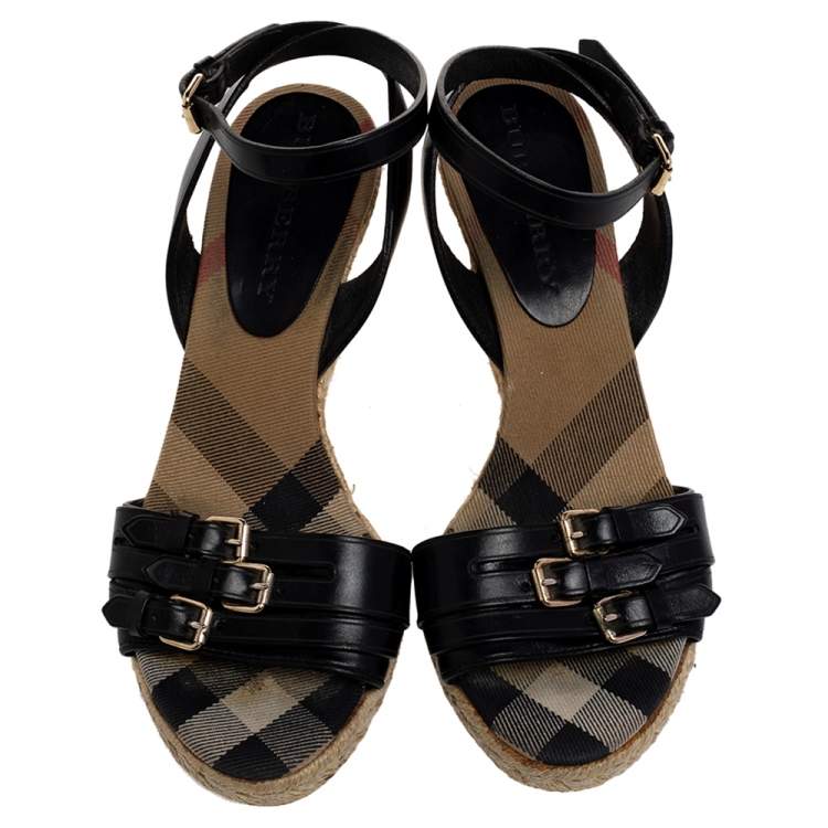 Pre Owned Burberry Black Leather Espadrille Wedge Sandals Size 36