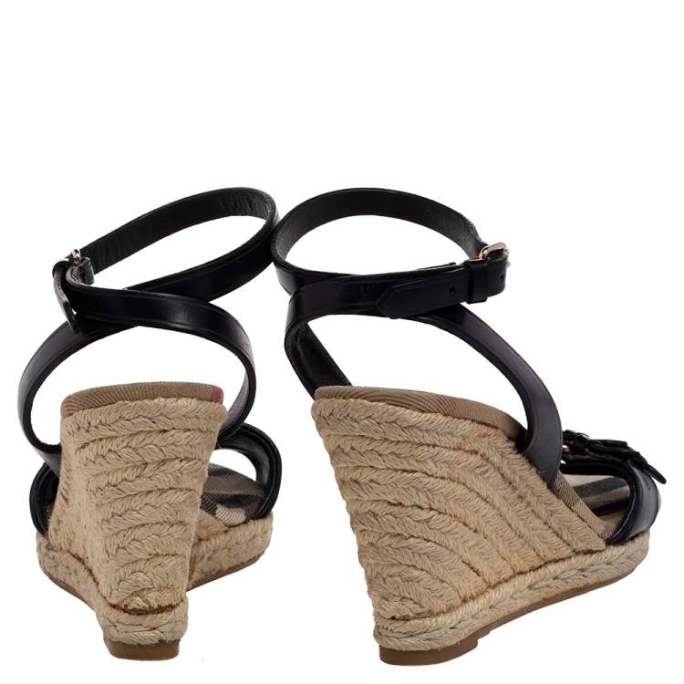 Pre Owned Burberry Black Leather Espadrille Wedge Sandals Size 36