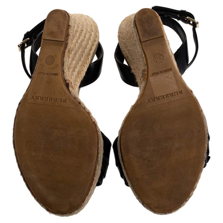 Pre Owned Burberry Black Leather Espadrille Wedge Sandals Size 36