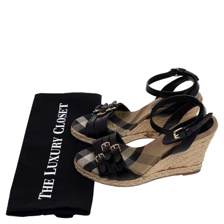 Pre Owned Burberry Black Leather Espadrille Wedge Sandals Size 36