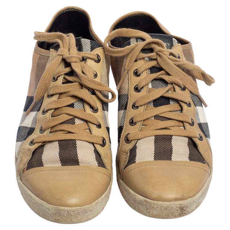Pre Owned Burberry Beige Nova Check Canvas and Leather Cap Toe Sneakers Size 39