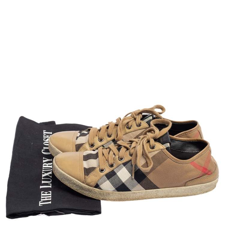 Pre Owned Burberry Beige Nova Check Canvas and Leather Cap Toe Sneakers Size 39
