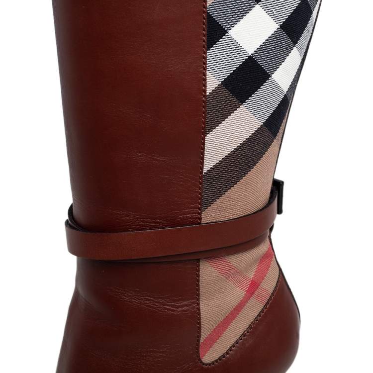 Pre Owned Burberry Brown Leather and Novacheck Canvas Bridle Knee Boots Size 38