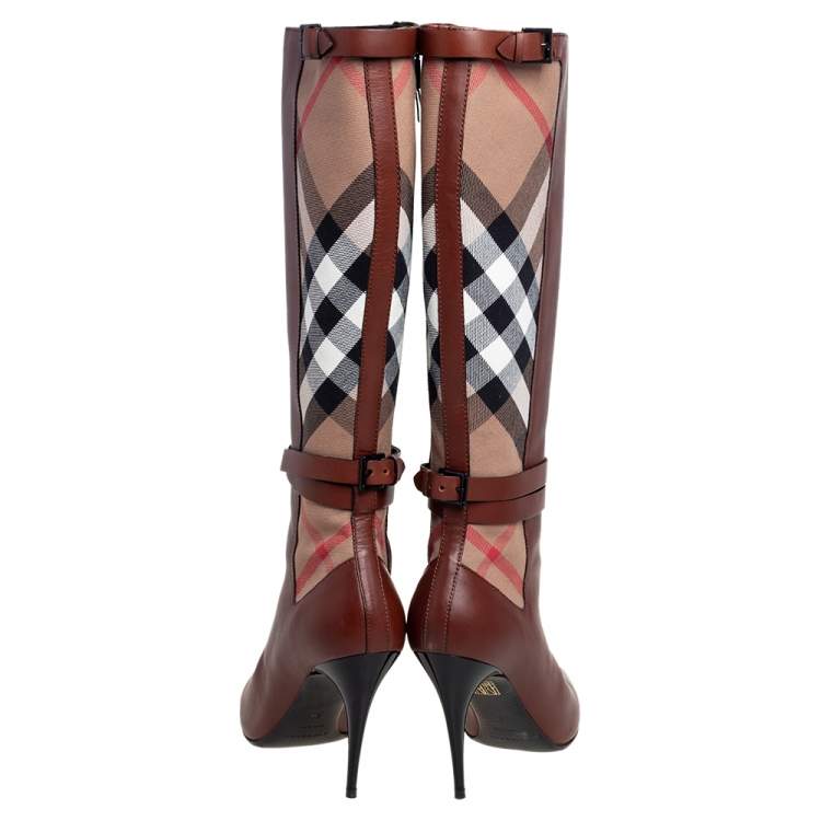 Pre Owned Burberry Brown Leather and Novacheck Canvas Bridle Knee Boots Size 38
