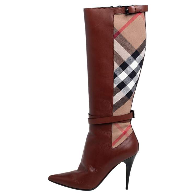 Pre Owned Burberry Brown Leather and Novacheck Canvas Bridle Knee Boots Size 38