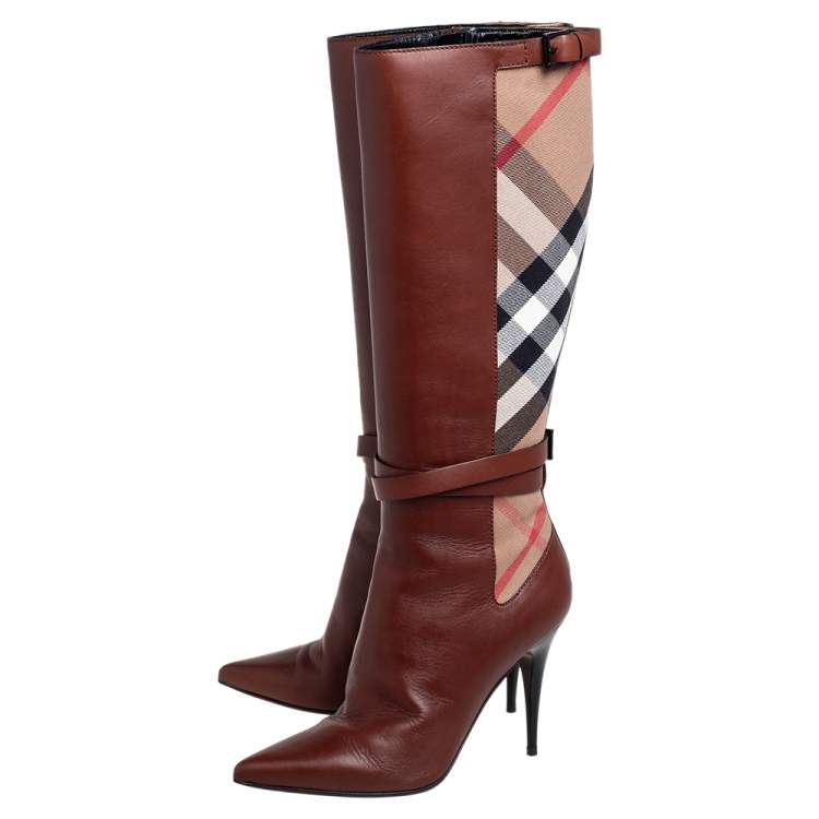 Pre Owned Burberry Brown Leather and Novacheck Canvas Bridle Knee Boots Size 38