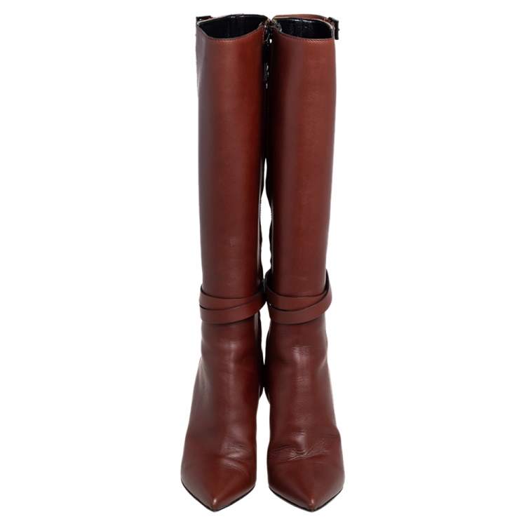 Pre Owned Burberry Brown Leather and Novacheck Canvas Bridle Knee Boots Size 38