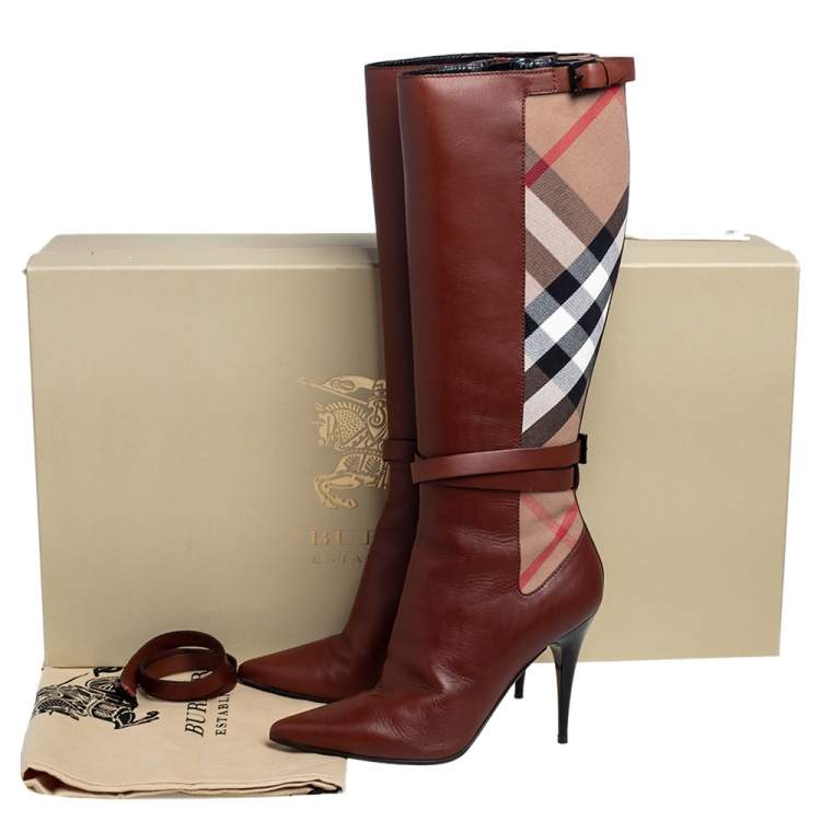 Pre Owned Burberry Brown Leather and Novacheck Canvas Bridle Knee Boots Size 38