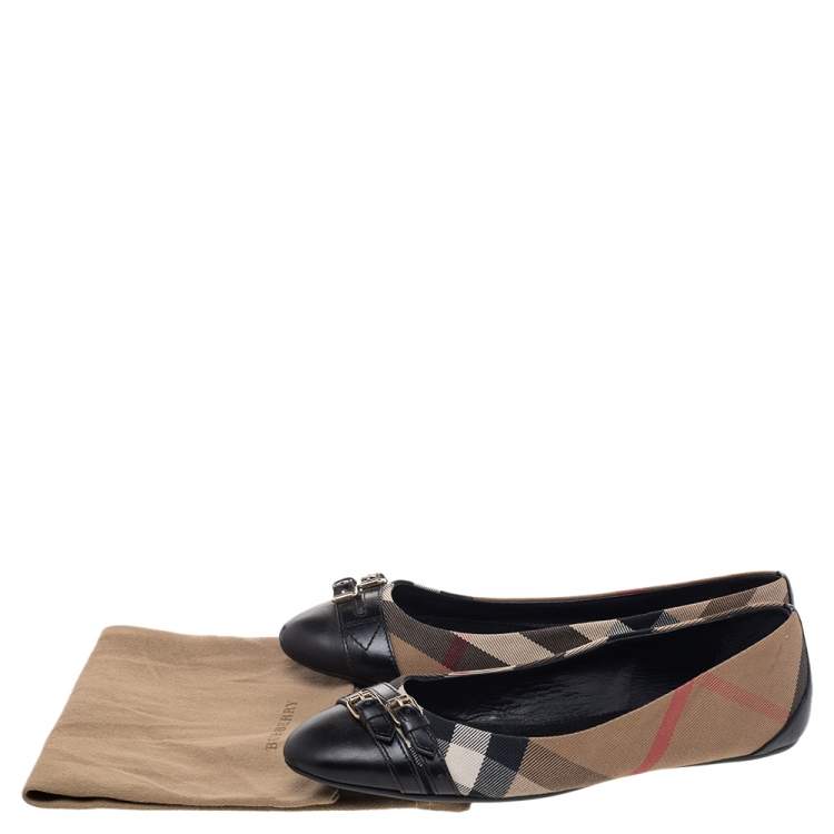 Pre Owned Burberry Black/Beige Leather And Nova Check Canvas Buckle Detail Ballet Flats Size 41