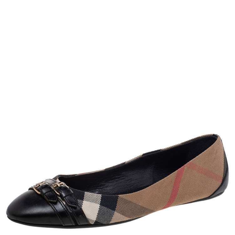 Pre Owned Burberry Black/Beige Leather And Nova Check Canvas Buckle Detail Ballet Flats Size 41