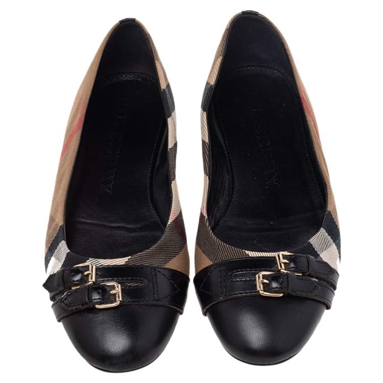 Pre Owned Burberry Black/Beige Leather And Nova Check Canvas Buckle Detail Ballet Flats Size 41