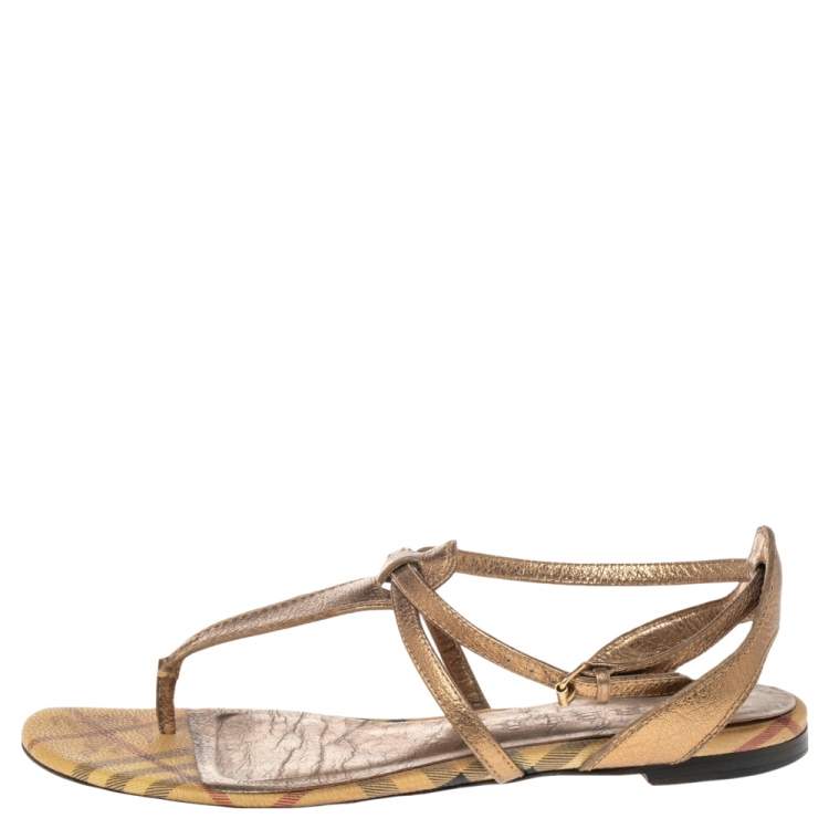 Pre Owned Burberry Gold Leather and Haymarket Check Coated Canvas Thong Flats Size 40