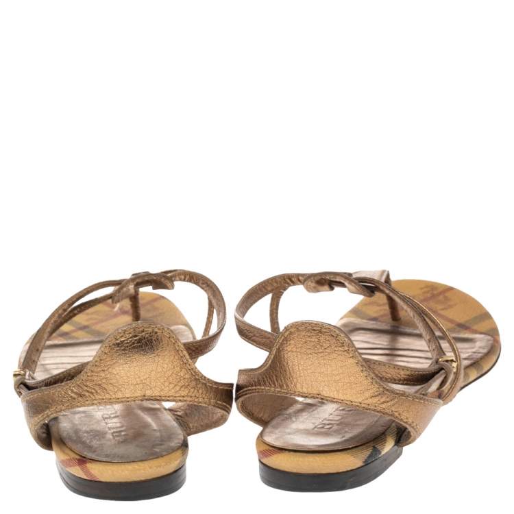 Pre Owned Burberry Gold Leather and Haymarket Check Coated Canvas Thong Flats Size 40