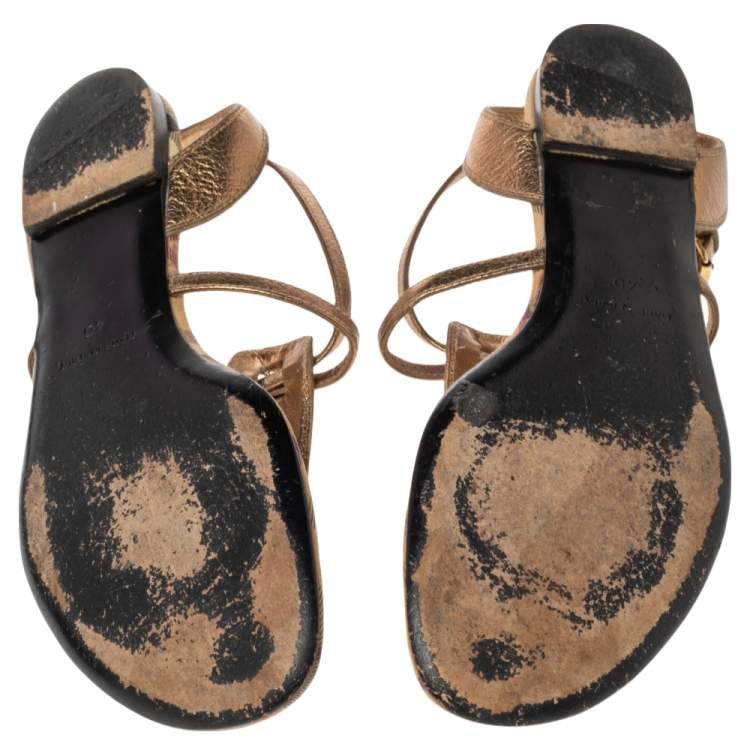 Pre Owned Burberry Gold Leather and Haymarket Check Coated Canvas Thong Flats Size 40