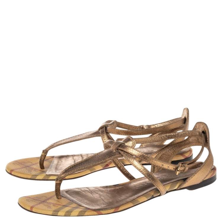 Pre Owned Burberry Gold Leather and Haymarket Check Coated Canvas Thong Flats Size 40