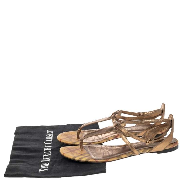 Pre Owned Burberry Gold Leather and Haymarket Check Coated Canvas Thong Flats Size 40