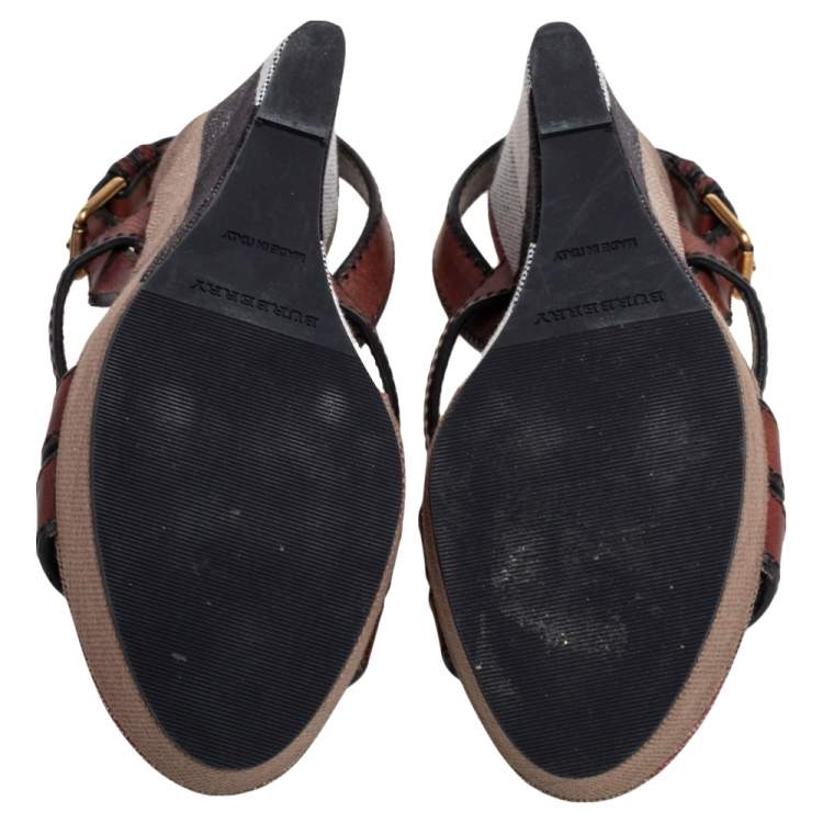 Pre Owned Burberry Brown Leather and Nova Check Canvas Warlow Platform Wedge Sandals Size 39