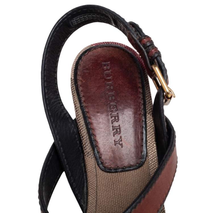 Pre Owned Burberry Brown Leather and Nova Check Canvas Warlow Platform Wedge Sandals Size 39