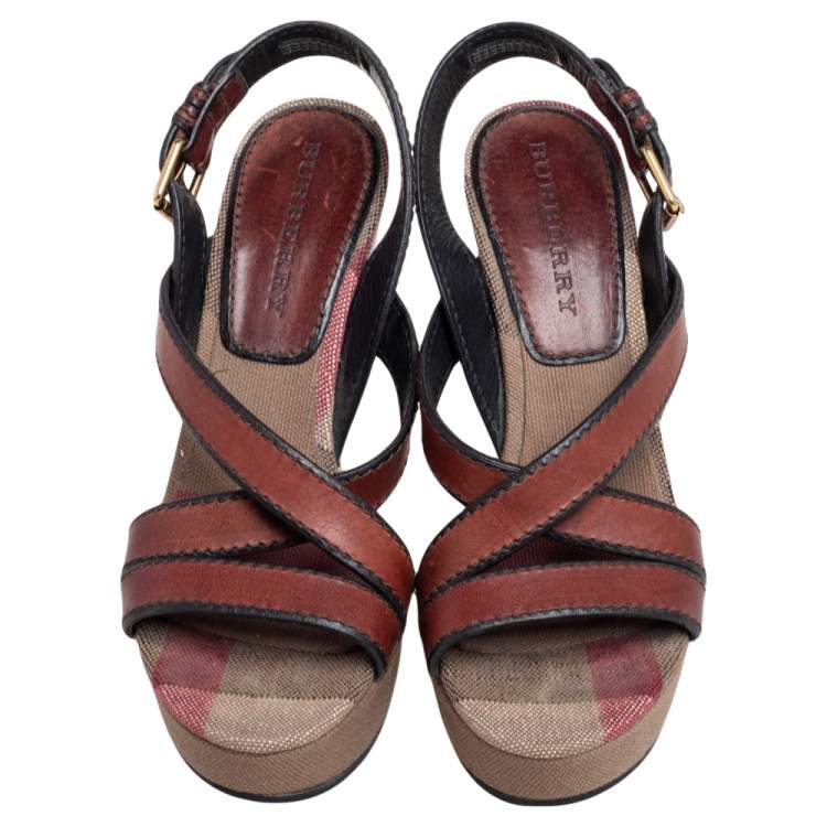Pre Owned Burberry Brown Leather and Nova Check Canvas Warlow Platform Wedge Sandals Size 39