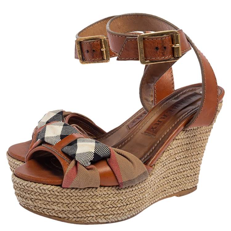 Pre Owned Burberry Brown Leather And Canvas Espadrille Ankle Wrap Wedge Platform Sandals Size 36.5