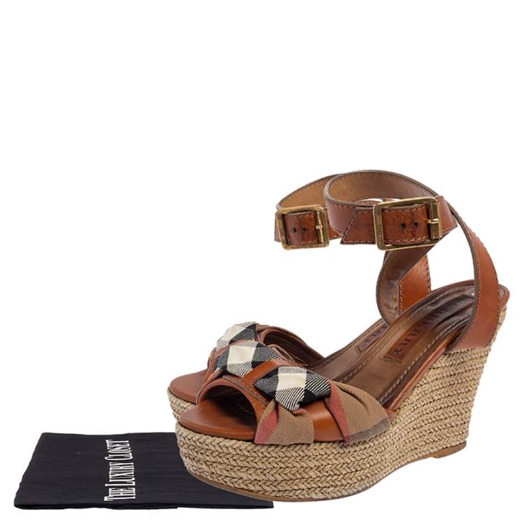 Pre Owned Burberry Brown Leather And Canvas Espadrille Ankle Wrap Wedge Platform Sandals Size 36.5