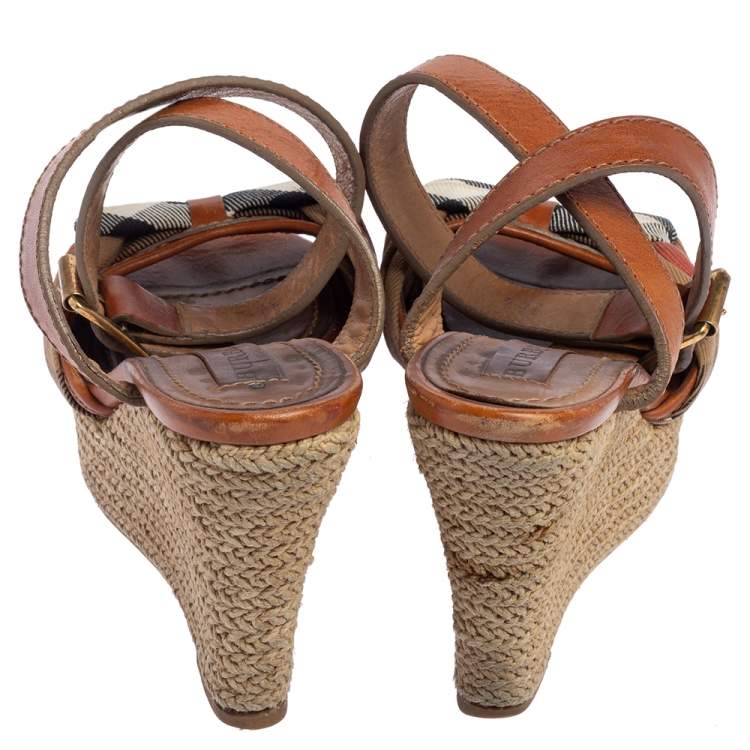 Pre Owned Burberry Brown Leather And Canvas Espadrille Ankle Wrap Wedge Platform Sandals Size 36.5