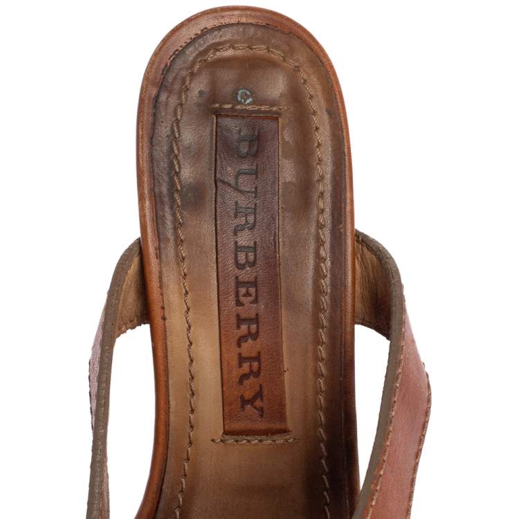 Pre Owned Burberry Brown Leather And Canvas Espadrille Ankle Wrap Wedge Platform Sandals Size 36.5