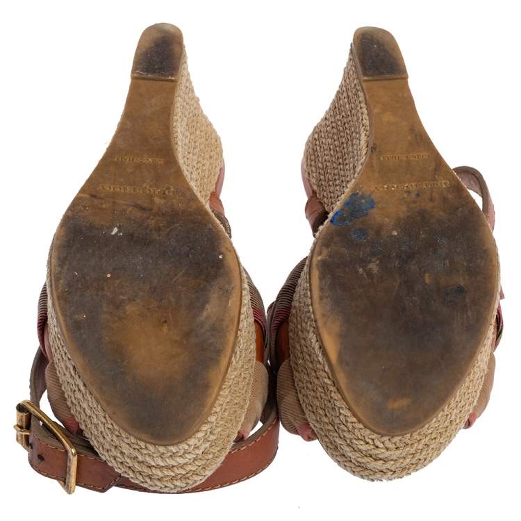 Pre Owned Burberry Brown Leather And Canvas Espadrille Ankle Wrap Wedge Platform Sandals Size 36.5