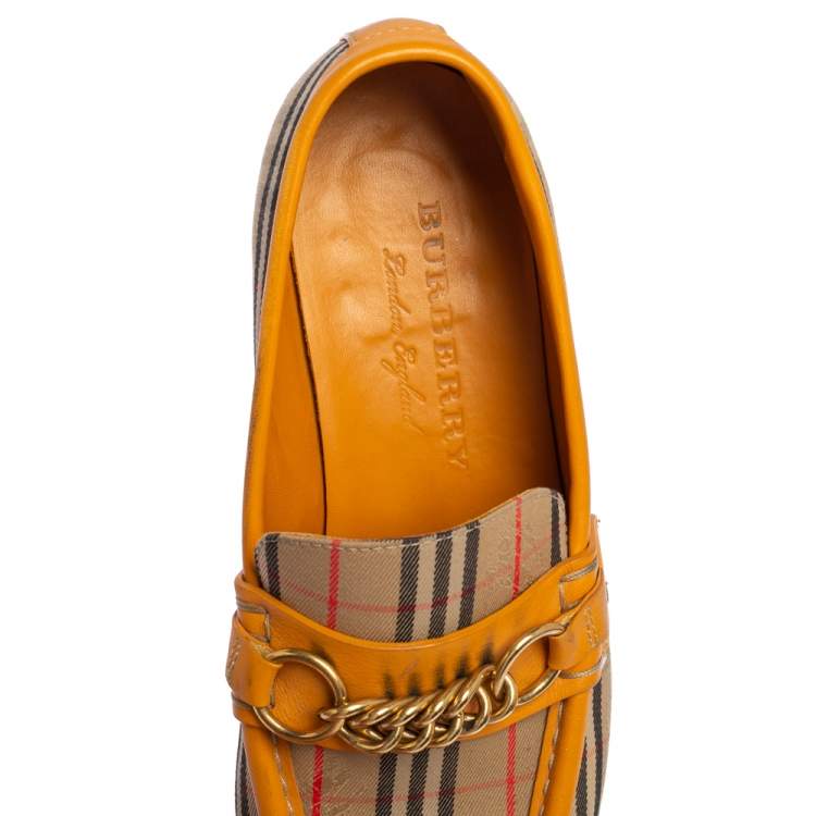 Pre Owned Burberry Yellow Leather and Haymarket Check Canvas Moorley Runway Loafers Size 38