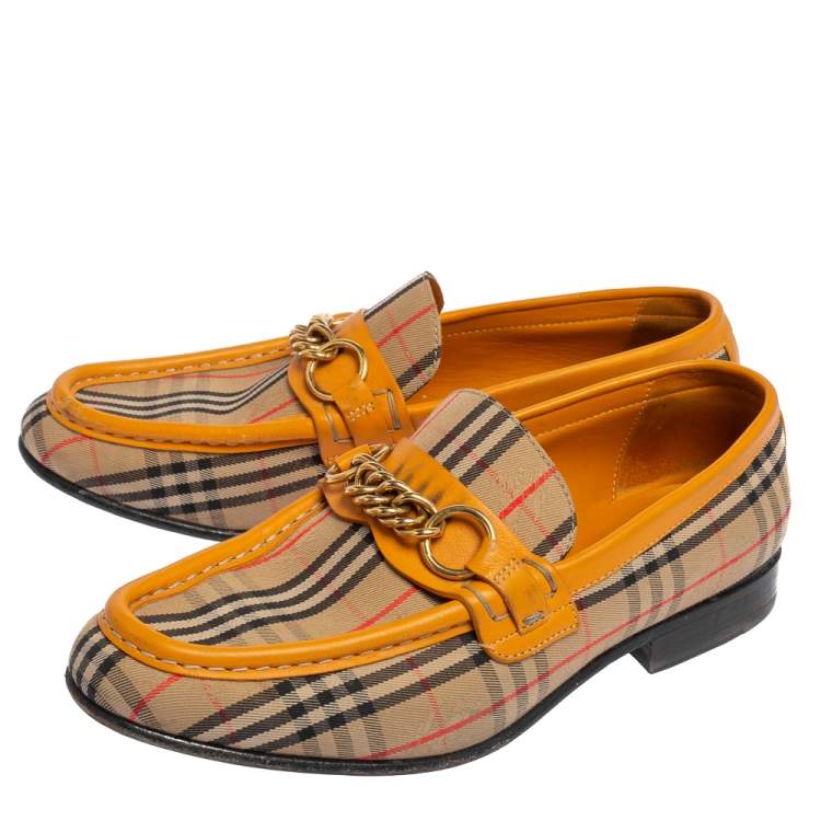 Pre Owned Burberry Yellow Leather and Haymarket Check Canvas Moorley Runway Loafers Size 38