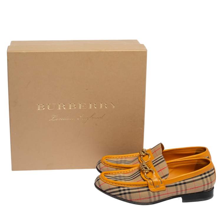 Pre Owned Burberry Yellow Leather and Haymarket Check Canvas Moorley Runway Loafers Size 38