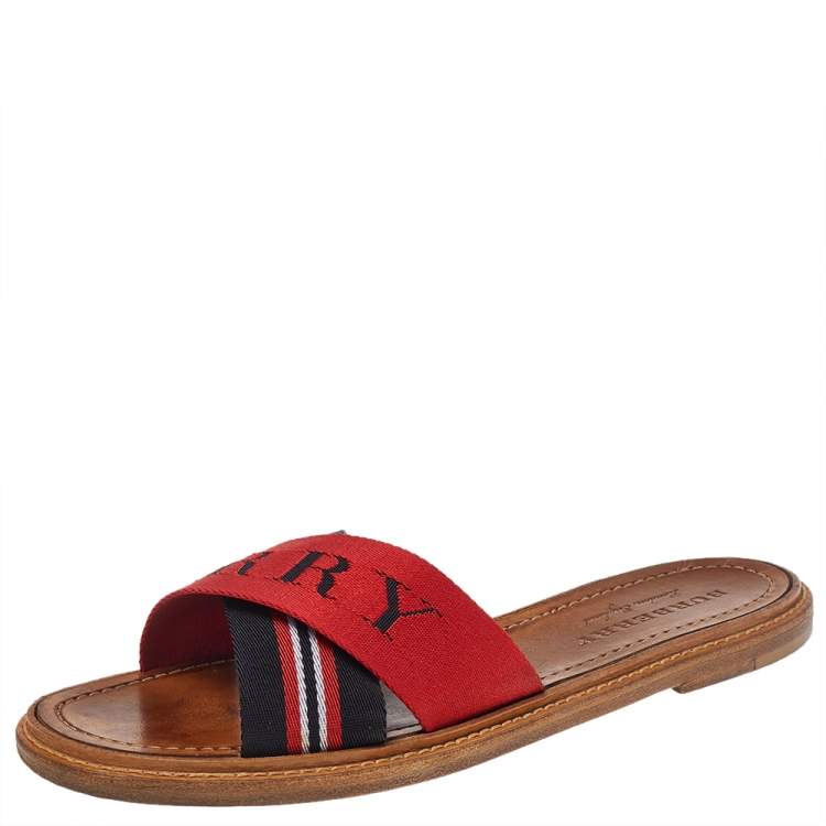Pre Owned Burberry Red /Black Canvas Foley Slide Sandals Size 39.5