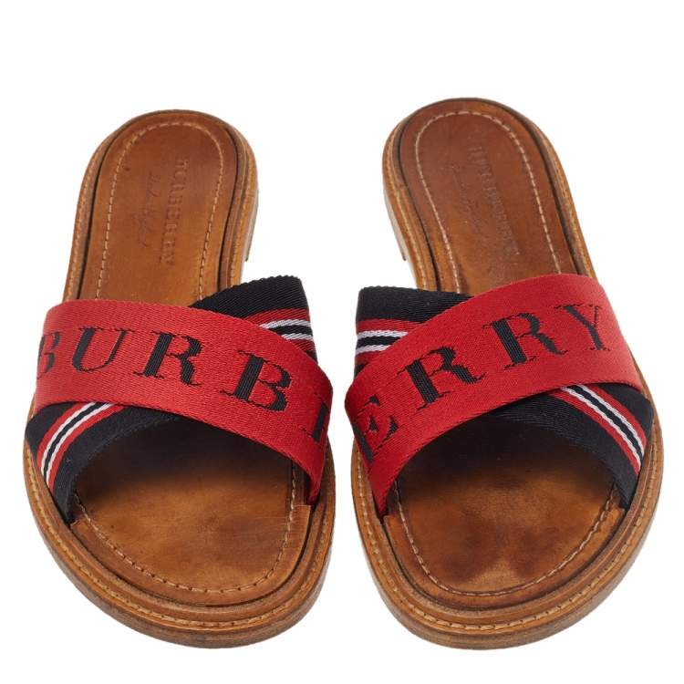 Pre Owned Burberry Red /Black Canvas Foley Slide Sandals Size 39.5