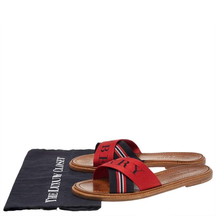 Pre Owned Burberry Red /Black Canvas Foley Slide Sandals Size 39.5
