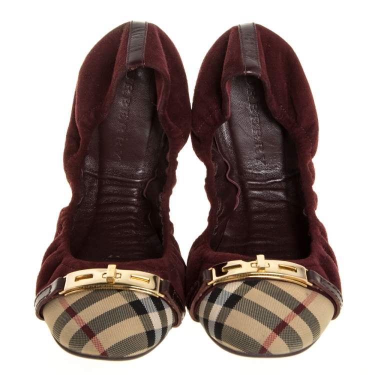Pre Owned Burberry Burgundy Suede and Novacheck Twistlock Drayton Ballet Flats Size 41