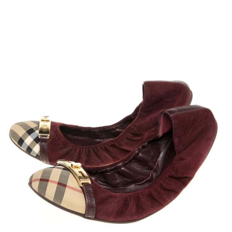 Pre Owned Burberry Burgundy Suede and Novacheck Twistlock Drayton Ballet Flats Size 41