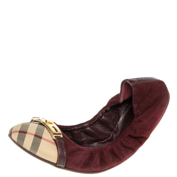 Pre Owned Burberry Burgundy Suede and Novacheck Twistlock Drayton Ballet Flats Size 41