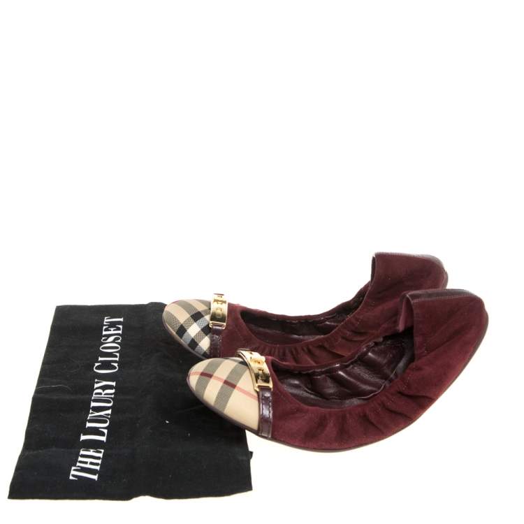 Pre Owned Burberry Burgundy Suede and Novacheck Twistlock Drayton Ballet Flats Size 41
