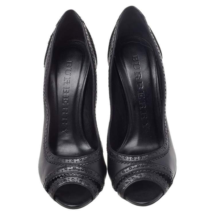 Pre Owned Burberry Black Leather Brogue Peep Toe Pumps Size 41