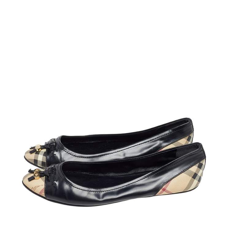 Pre Owned Burberry Black Leather And Haymarket Coated Canvas and Leather Bow Toe Cap Ballet Flats Size 40