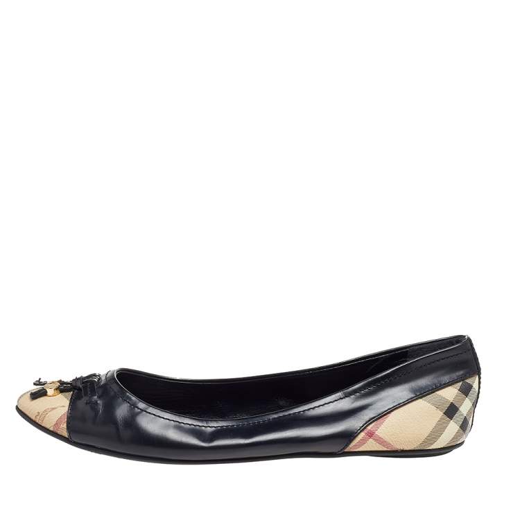 Pre Owned Burberry Black Leather And Haymarket Coated Canvas and Leather Bow Toe Cap Ballet Flats Size 40